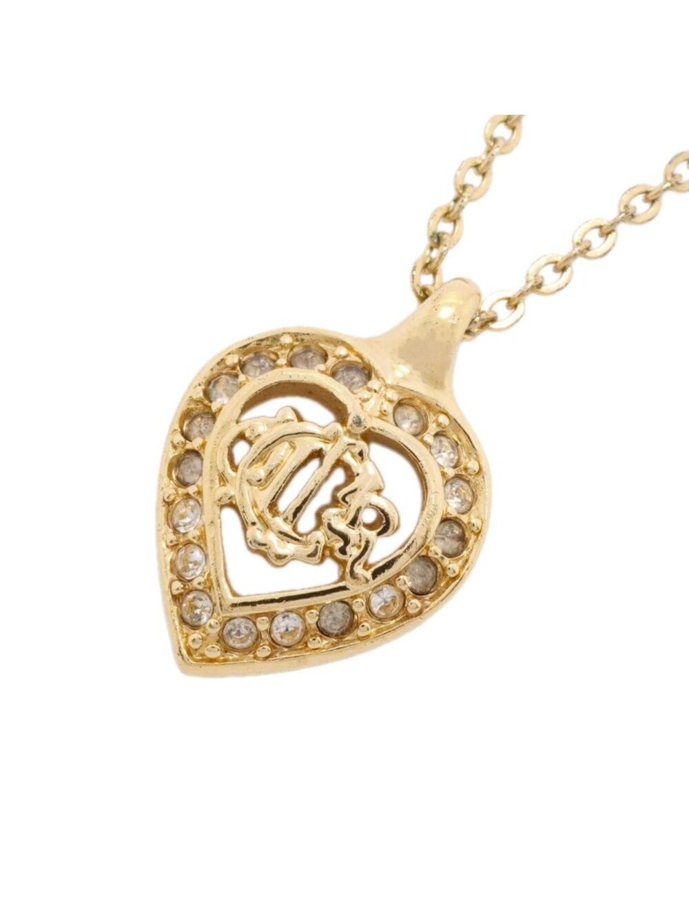 Dior Necklace Emblem Heart Motif Gold Plated Rhinestone